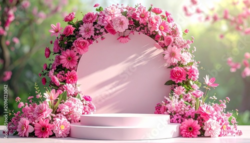 podium with pink flowers display