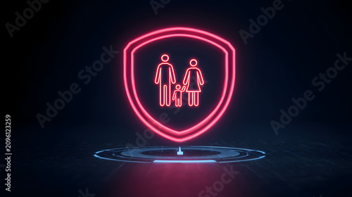 Glowing red family shield icon isolated on transparent background for safety and protection concepts