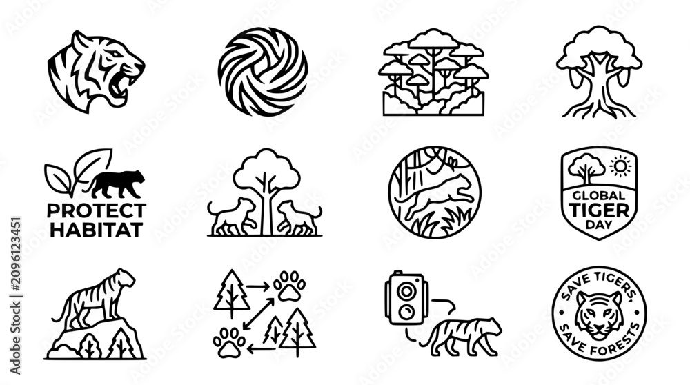 Fototapeta premium Tiger Conservation Icons: Wildlife Protection, Habitat, Global Tiger Day, Endangered Species