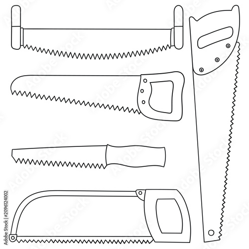 Hand-drawn doodle set of saws on a white background.