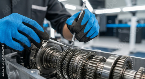 Mechanic in blue gloves assembling a complex automotive transmission or gearbox with precision tools.