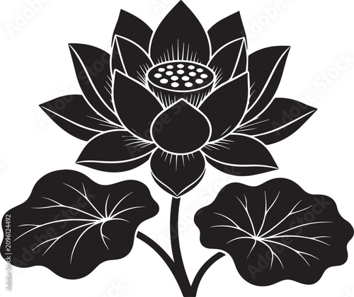 Black and white lotus flower silhouette graphic with silhouette illustration botanical waterlily minimalist decoration isolated template