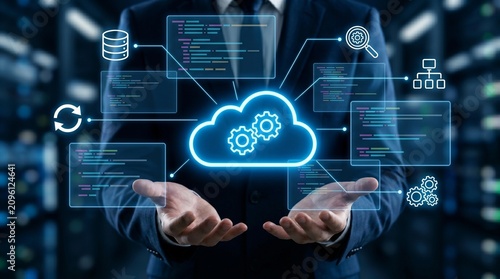 Cloud Native Development. Programmer Developing Applications for Cloud Computing with Cloud Icon and Source Code Illustrations on Screen