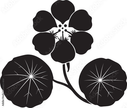Black silhouette illustration of a nasturtium flower with rounded leaves nasturtium botanical silhouette illustration isolated ornament