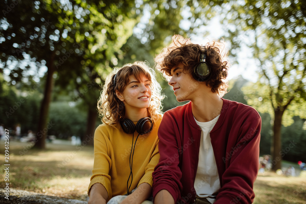 Fototapeta premium Friends sharing headphones and music in a park, enjoying a harmonious moment. 