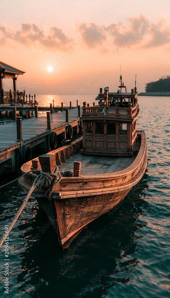 Fototapeta premium Traditional Thai Wooden Fishing Boat Moored at a Pier During a Beautiful Golden Sunset Seascape