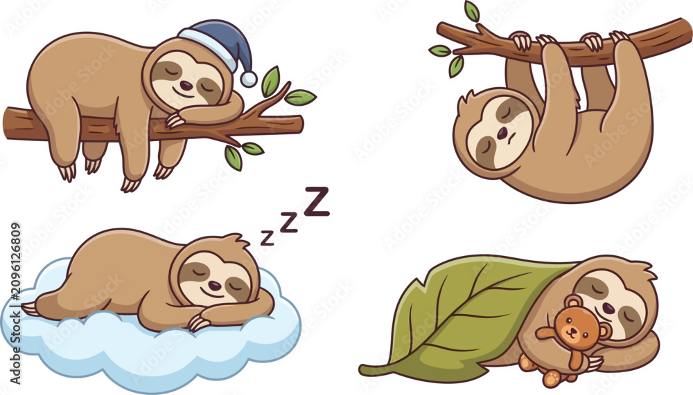 Fototapeta premium Adorable Collection of Lazy Cartoon Sloth Characters in Various Relaxed Sleeping Poses Set Isolated on a Clean White Background Perfect for Children Illustration and Graphic Design Projects.