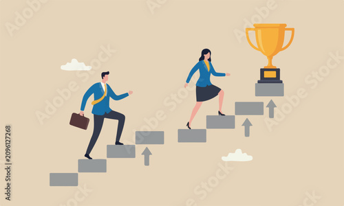 Bild auf Leinwand Business competition target, effort concept, businessman and businesswoman walk
