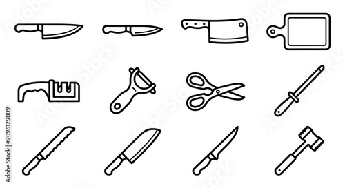 Cuadro en lienzo Kitchen Knife Set Icons: Chef, Paring, Butcher, Cleaver, Slicer, Peeler, Scissor