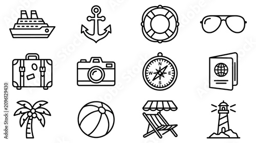 Bild auf Leinwand Vacation Travel Icons: Cruise Ship, Anchor, Lifebuoy, Sunglasses, Suitcase, Came