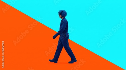 Man in blue walking on vibrant split color background