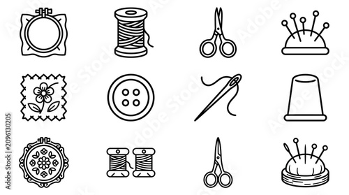 Obraz na plátně Embroidery Kit Icons: Hoop, Thread, Scissors, Needles, Fabric, Button, Thimble