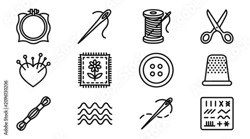 Obraz na plátně Sewing and Embroidery Icons Set: Needle, Thread, Scissors, Thimble, Hoop, Button