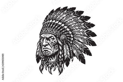 Black and white portrait of a Native American chief wearing a traditional feathered headdress. Detailed vintage engraving style vector illustration.