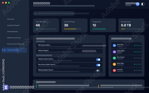 Dark mode dashboard user interface with data statistics, settings, and a team members list