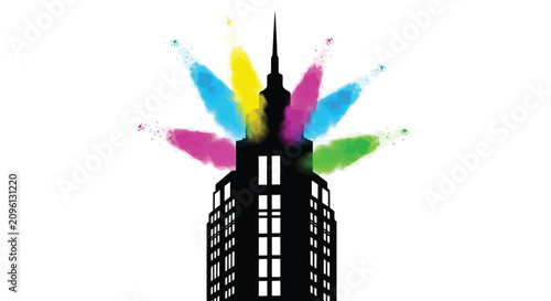 фотографія Colorful Paint Splash Over Iconic Skyscraper Building.