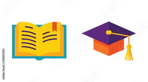 Education icons set featuring open textbook and academic graduation cap education graduation learning university academic knowledge graphics textbook research teaching