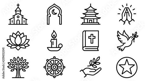 Konstfotografi Diverse Religious Symbols Icons Set, Spirituality and Faith Concepts Collection