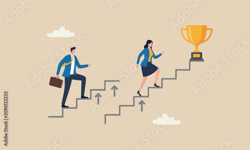 Fotografía Business competition concept, businessman and businesswoman walk up stair compet