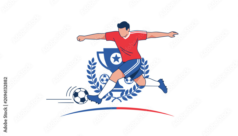 Fototapeta premium Professional soccer player in a red jersey kicking a ball with a championship trophy and laurel wreath in the background.