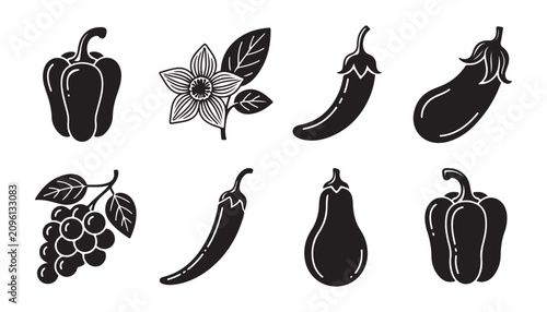 фотографія Collection of black glyph vegetable icons including pepper eggplant and fruits for kitchen designs
