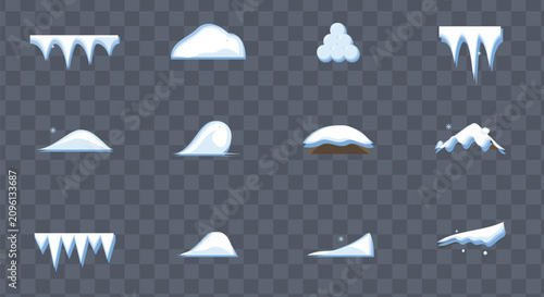 Принти на полотні Winter snow cap drifts and icicles flat vector icon collection set isolated on t