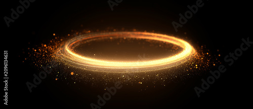 Golden glowing light ring with magic bokeh particle background, neon circular frame overlay texture on black backdrop