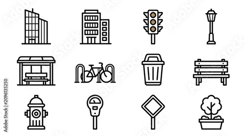 Foto City Icons: Buildings, Traffic Light, Street Lamp, Bus Stop, Bike Rack, Bench, H