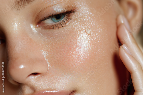 Glossy hydrated skin close up, blue eye, natural makeup, serum drop on cheek, dewy complexion, delicate eyelashes