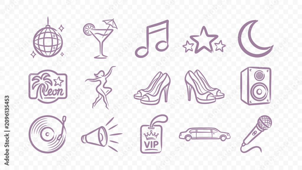 Fototapeta premium nightlife and disco doodle calligraphy style handmade ink scribble flat vector illustration icon bundle set calligraphy drawing design line art elements for club music