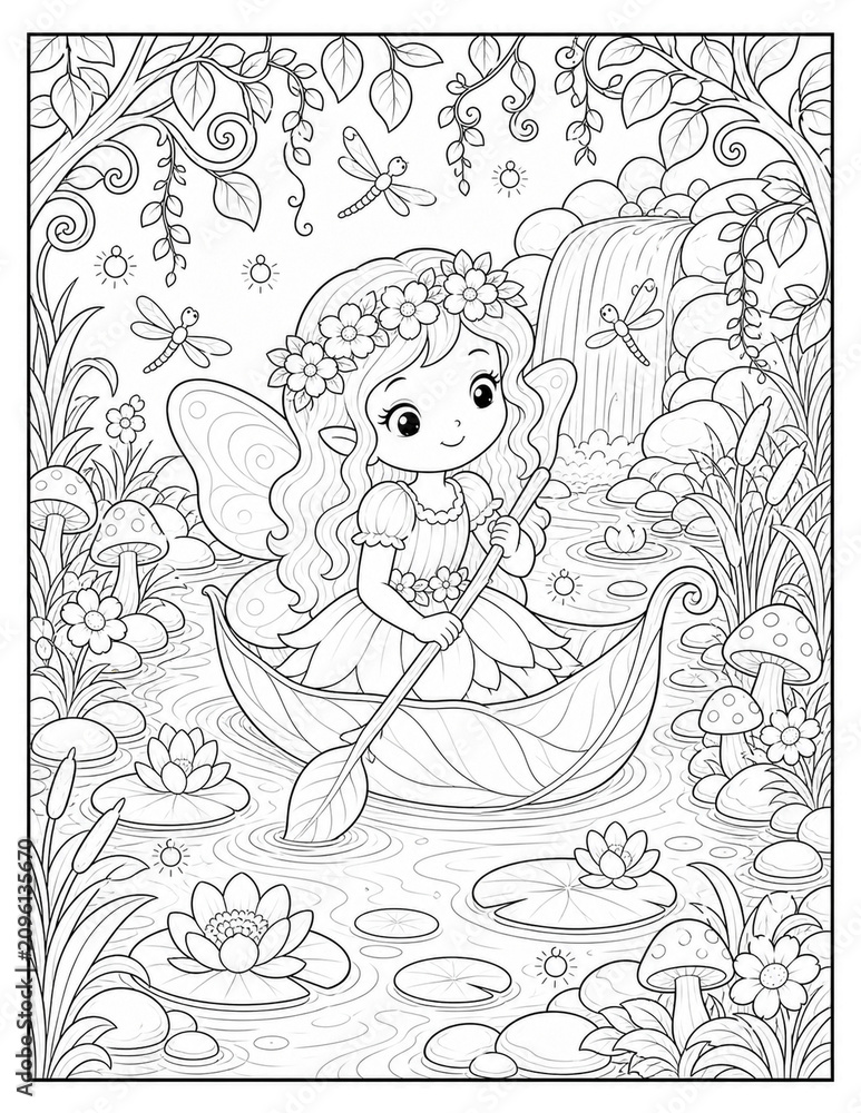 Fototapeta premium Magical Fairy Princess Floral Fantasy Coloring Page