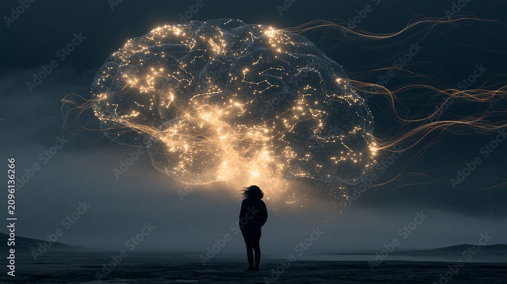 Obraz premium Silhouette of a Person Standing in Mist Looking Up at a Giant Glowing Brain with Neural Network Connections and Trailing Light Fibers.