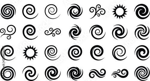 Set of black abstract swirl and spiral icon shapes, including decorative twirl elements, wind waves, and sun silhouettes isolated on white.