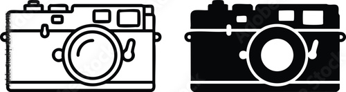 Fotografía Classic retro film camera icon set featuring outline and solid black silhouette
