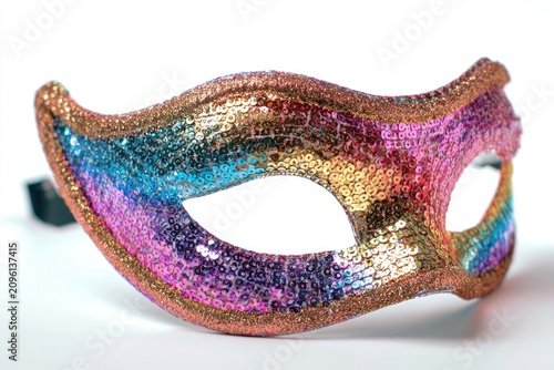 Vibrant sequined mask with rainbow colors on white background