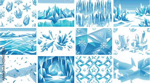 Abstract geometric crystal ice and winter frost textures vector seamless pattern set