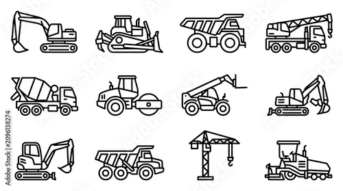 Foto Construction Machinery Icons Set: Excavator, Bulldozer, Crane, Truck, Loader, Ro
