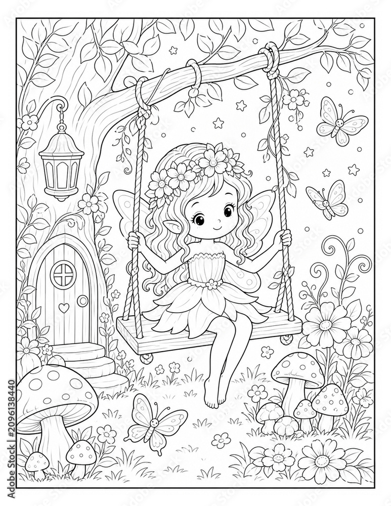 Naklejka premium Whimsical Fairy In Blooming Garden Printable Coloring Page