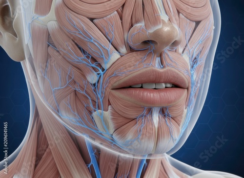 Detailed Anatomical Illustration of Human Facial Muscles and Vascular System with Realistic Texture