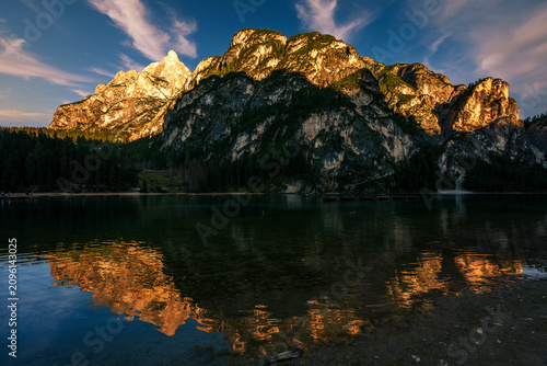 Sunset at Lake Prags in the Dolomites, Italy.
