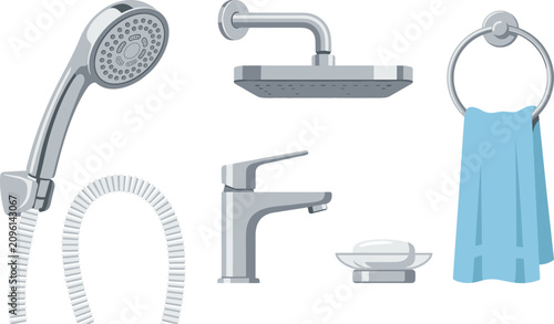 Canvastavla Vector illustration of bathroom plumbing fixtures and accessories set with hand