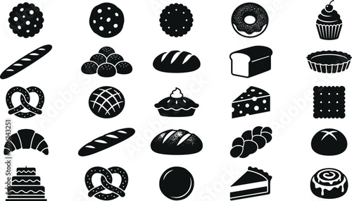 Foto Bakery bread and sweet pastry silhouette vector icon set featuring delicious tre