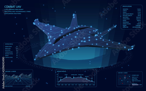 Futuristic Combat UAV Wireframe Blueprint with HUD Interface and Low Poly Plexus Technology Visualization