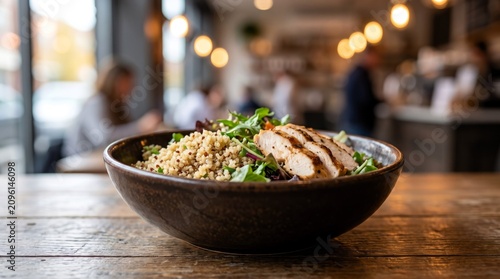 A healthy bowl filled with grilled chicken slices quinoa and fresh green salad leaves served in a rustic ceramic bowl