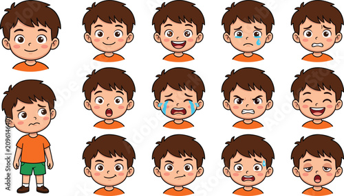 Fotografía Cute cartoon boy character vector illustration set showing various facial expres