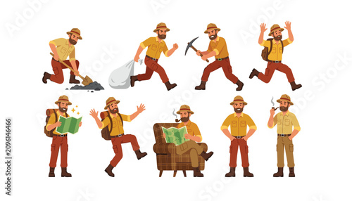 Quadro su tela Male explorer and archaeologist character set featuring adventurer digging runni