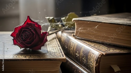 Red rose bouquet on wooden table with water.