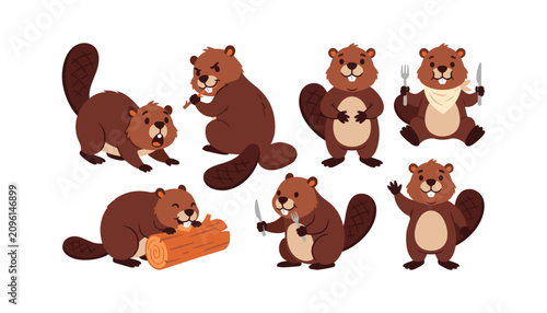 Fényképezés Cute beaver characters set featuring funny rodents gnawing logs eating with knif