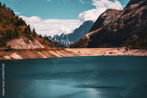 Cuadro en lienzo Panoramic view of the Fedaia reservoir in the Dolomites, Italy.