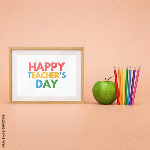 Happy Teachers Day colorful poster with apple and pencils on peach background.